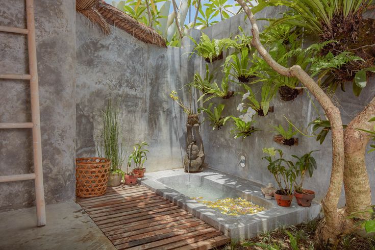 an outdoor shower with plants and potted trees