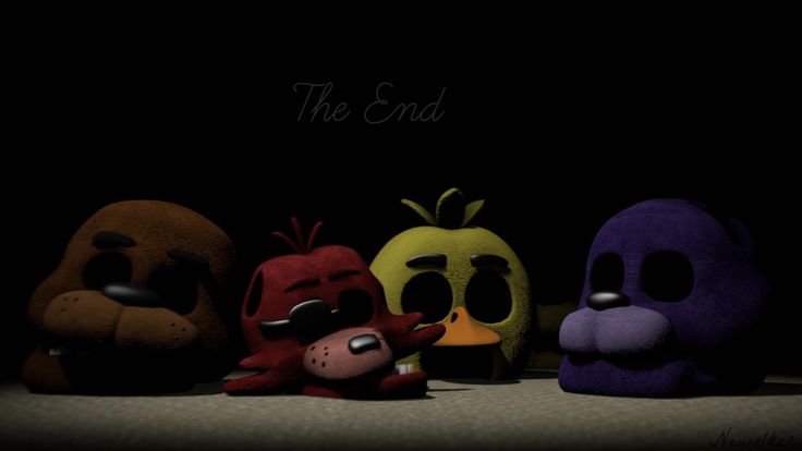 five stuffed animals are lined up in a row on the floor, with the word'the end'written above them