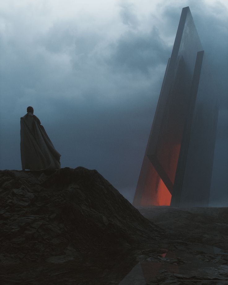 a man standing on top of a pile of dirt next to a tall tower in the sky