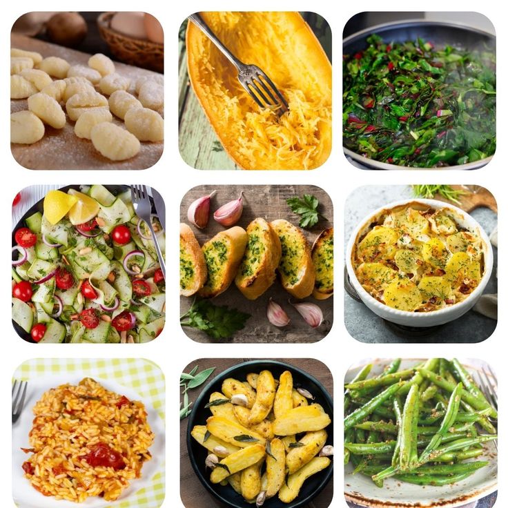 a collage of pictures with different types of food and vegetables in them, including potatoes, green beans, pasta, bread, salad, as well as well as broccoli