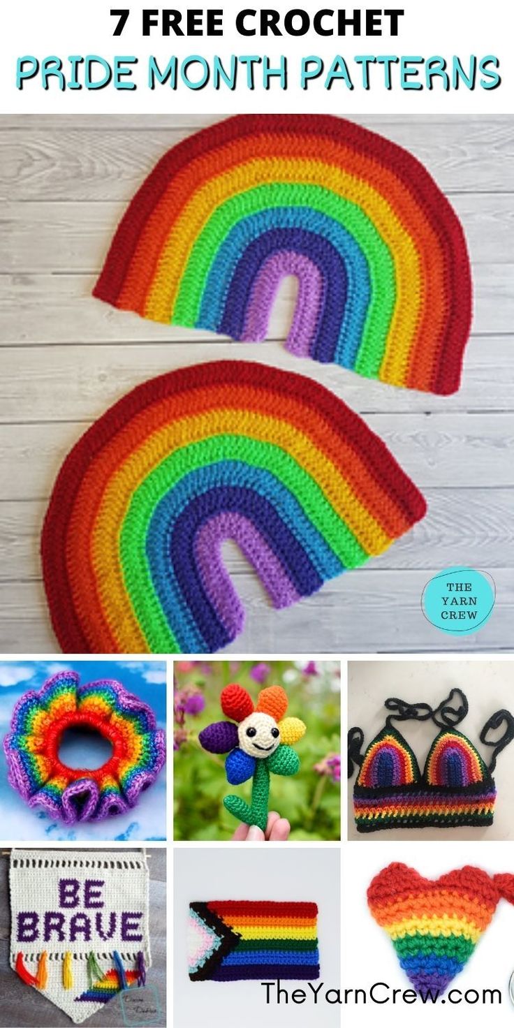 rainbow crochet projects with text overlay that reads 7 free crochet pride month patterns