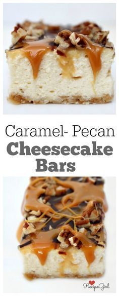 caramel pecan cheesecake bars with nuts on top and the words, caramel pecan cheesecake bars