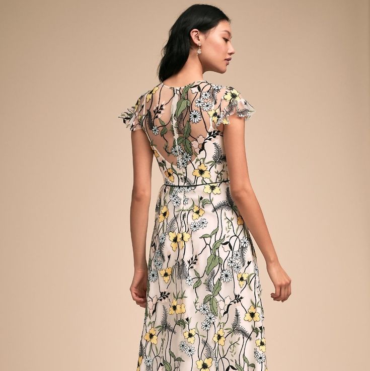 Covered In Embroidered Vines Of Yellow And Blue Flowers, This Maxi Dress Gives Us Major 70s Vibes. The Illusion Neckline Is A Modern Touch, While The Ruffled Hem And Sleeves Add To The Boho Ensemble. Georgeous Sheer Overlay. By Ml Monique Lhullier For Bhldn Style #45274974 Back Zip Polyester Polyester Lining Professionally Clean Imported Formal Spring Maxi Dress With Floral Embroidery, Lace Maxi Dress For Spring Gala, Embroidered Dress For Spring Gala, Spring Embroidered Dress For Gala, Embroidered Spring Dresses For Gala, Embroidered Spring Gala Dress, Floral Embroidery Maxi Dress For Spring Gala, Spring Gala Maxi Dress With Floral Embroidery, Spring Floral Embroidered Maxi Dress For Gala