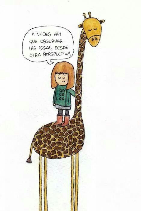 a girl is standing on top of a giraffe with a speech bubble above her head