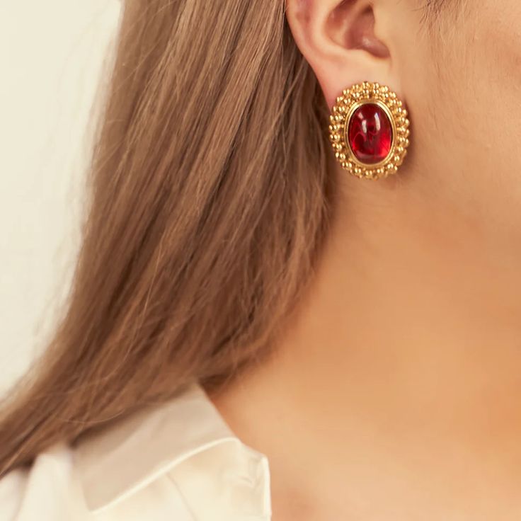 Matisse Red Stone Clip On Earrings | Ben-Amun Jewelry Embroidery Fashion Detail, Color Crush, Fiery Red, 24kt Gold, City Design, Embroidery Fashion, Red Stone, Red Glass, Stone Settings