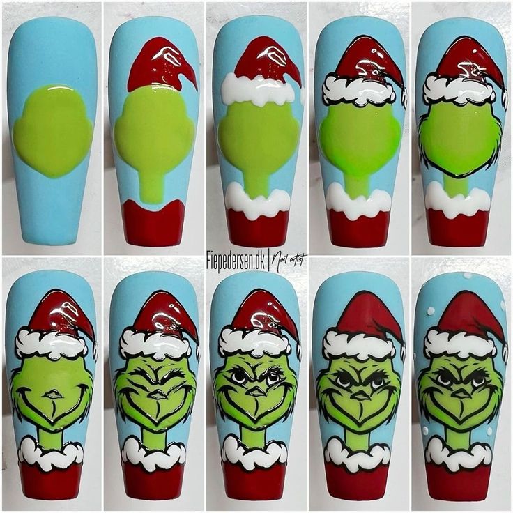 O Grinch, Xmas Nail Designs, Nail Art Noel, Christmas Nail Art Easy, Santa Nails, Xmas Nail Art, Nail Drawing, Nail Designs Tutorial, Diy Acrylic Nails