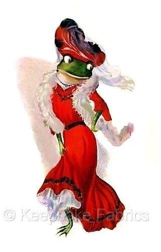 a frog in a red dress and hat with feathers on it's head is dancing