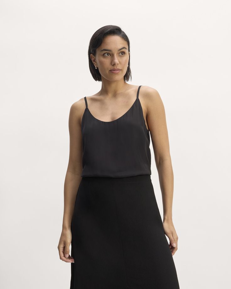 About This Style. This piece features a scoop-neck, relaxed fit, sleeveless, spaghetti straps, in viscose. Silk Cami Tank Top With Built-in Bra, Summer Silk Tank Top With Built-in Bra, Daywear Camisole With Built-in Bra And Scoop Neck, Chic Seamless Camisole With Wide Straps, Chic Seamless Tank Top With Wide Straps, Daywear Tank Top With Adjustable Straps, Chic Seamless Tank Camisole, Elegant Camisole With Wide Straps, Casual Scoop Neck Tank Top With Delicate Straps