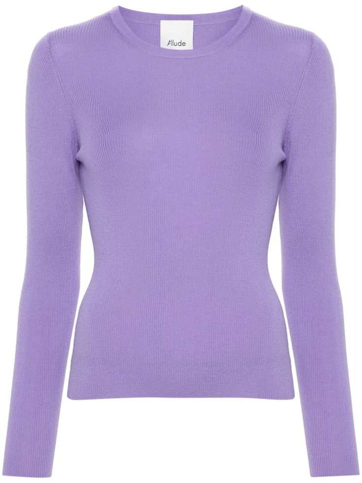 lilac virgin wool knitted construction fine ribbed round neck long sleeves straight hem