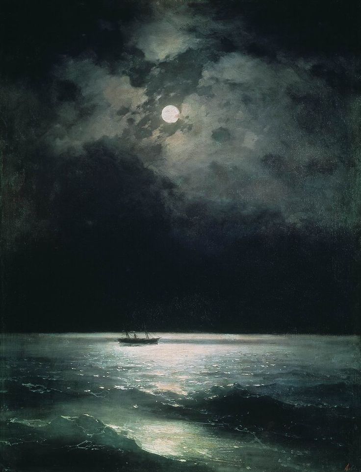 a boat floating on top of a body of water under a full moon filled sky