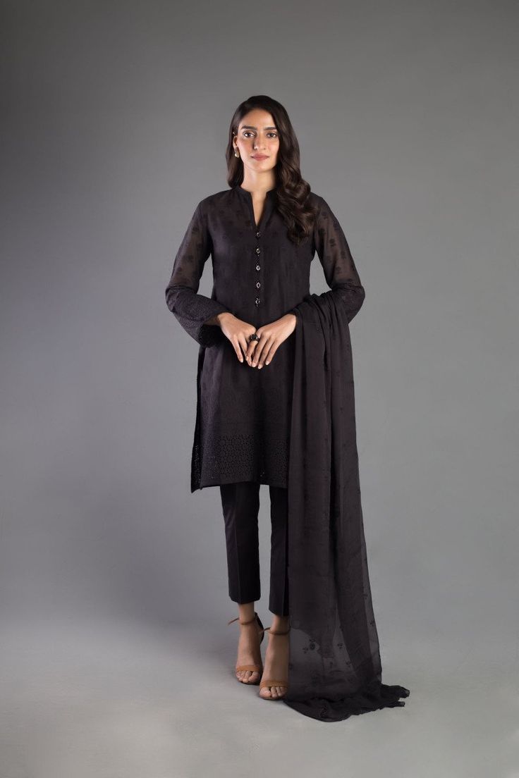 Bareeze Vital Swiss Ch3143 Black Collection 2021 Black Unstitched Suit With Dabka And Long Sleeves, Black Long Sleeve Unstitched Suit With Dabka Work, Black Long Sleeve Kurta For Work, Unstitched Black Set With Long Sleeves, Black Unstitched Long Sleeve Sets, Black Long Sleeve Kurta For Formal Occasions, Elegant Black Straight Kurta Dress, Fitted Black Lawn Suit With Dupatta, Elegant Fitted Lawn Suit With Dabka