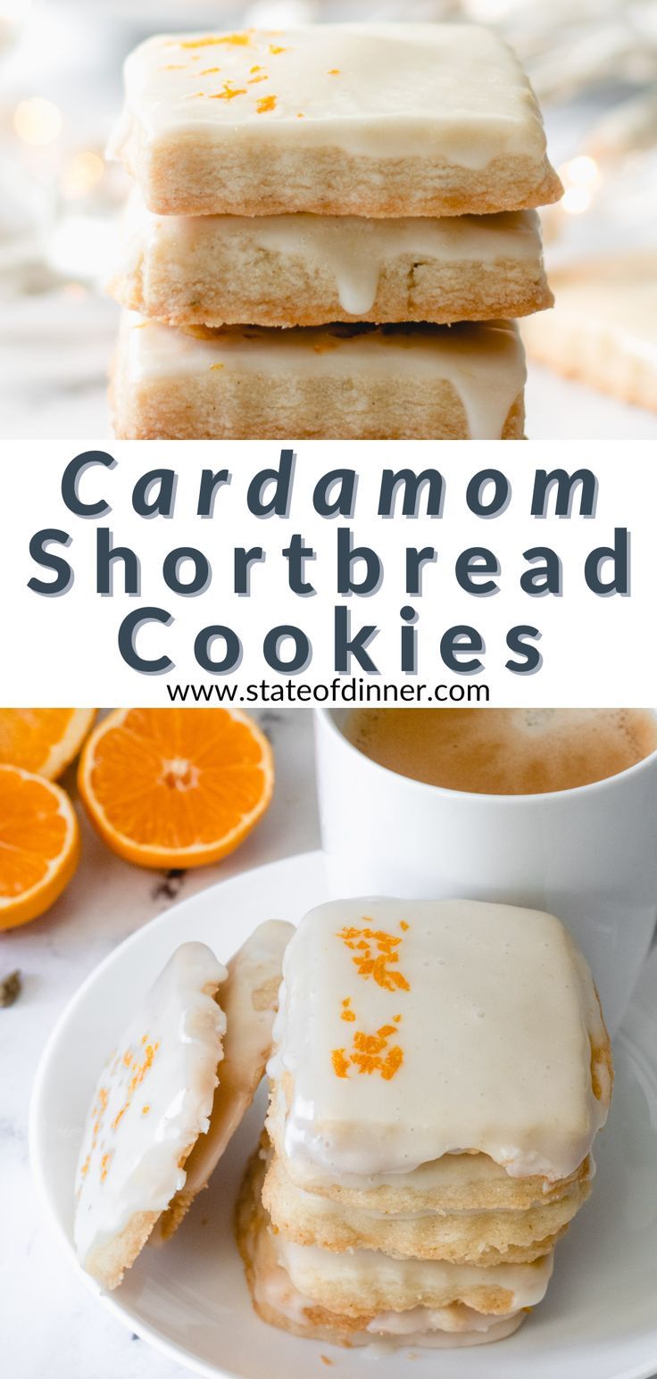 Plate of glazed square-shaped cookies stacked, with a cup of coffee and oranges next to it. Cardamom Shortbread, Cardamom Recipe, Orange Glaze, Unique Recipe, Glaze Recipe, Shortbread Cookies, How Sweet Eats, Cookies Recipes Christmas, Eat Dessert