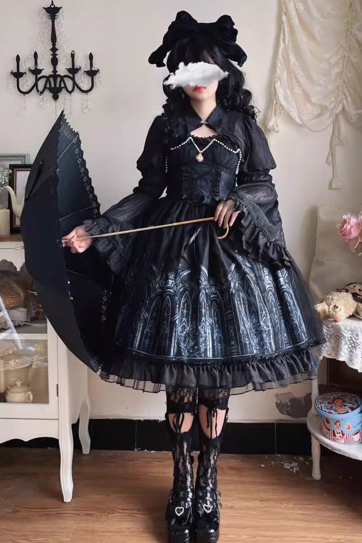 Fabric: Polyester Style types: Gothic Lolita Season: Spring, Summer, Autumn, Winter Include: Dress*1 (Any of the accessory is not included.) Note: The back of the dress is elastic, allowing for a wide range of waist sizes. Size (IN) Bust Length S 32.28-35.43 36.61 M 33.86-37.01 37.01 L 34.65-38.58 37.40 Size (CM) Bust Length S 82-90 93 M 86-94 94 L 88-98 95 Dark Lolíta Outfit, Lolíta Dress, Gothic Lotia, Egl Fashion Gothic, Goth Lolli Style, Gothic Nightgown, Gothic Ouji Fashion, Goth Lolitas, Dark Fashion Aesthetic