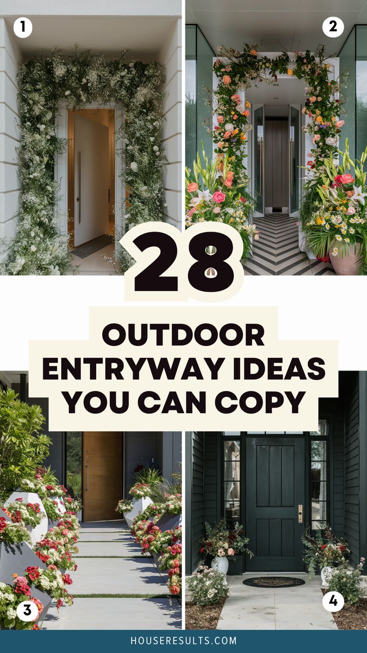 an entry way with flowers and plants on the side, and text that reads 28 outdoor entry ideas you can copy