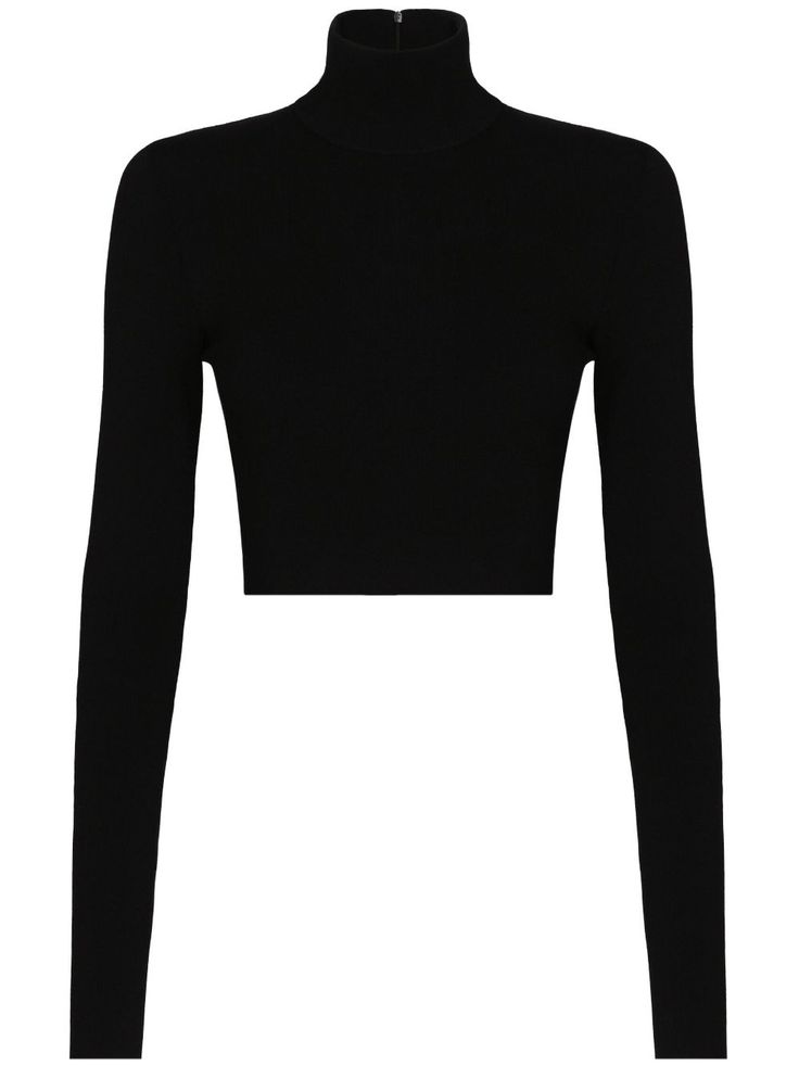 black high neck exposed rear zip fastening long sleeves straight hem cropped Black High Neck Top, Trajes Country, Dolce Gabbana Sweater, Knitted Crop Top, Black Long Sleeve Crop Top, Normal Clothes, Knitted Tops, Black Long Sleeve Top, Knit Crop Top