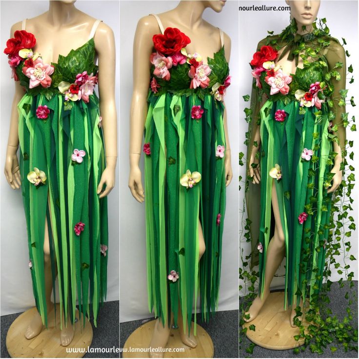 two mannequins dressed in green and red dresses with flowers on the sides