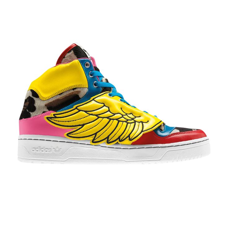 a pair of colorful sneakers with wings on them