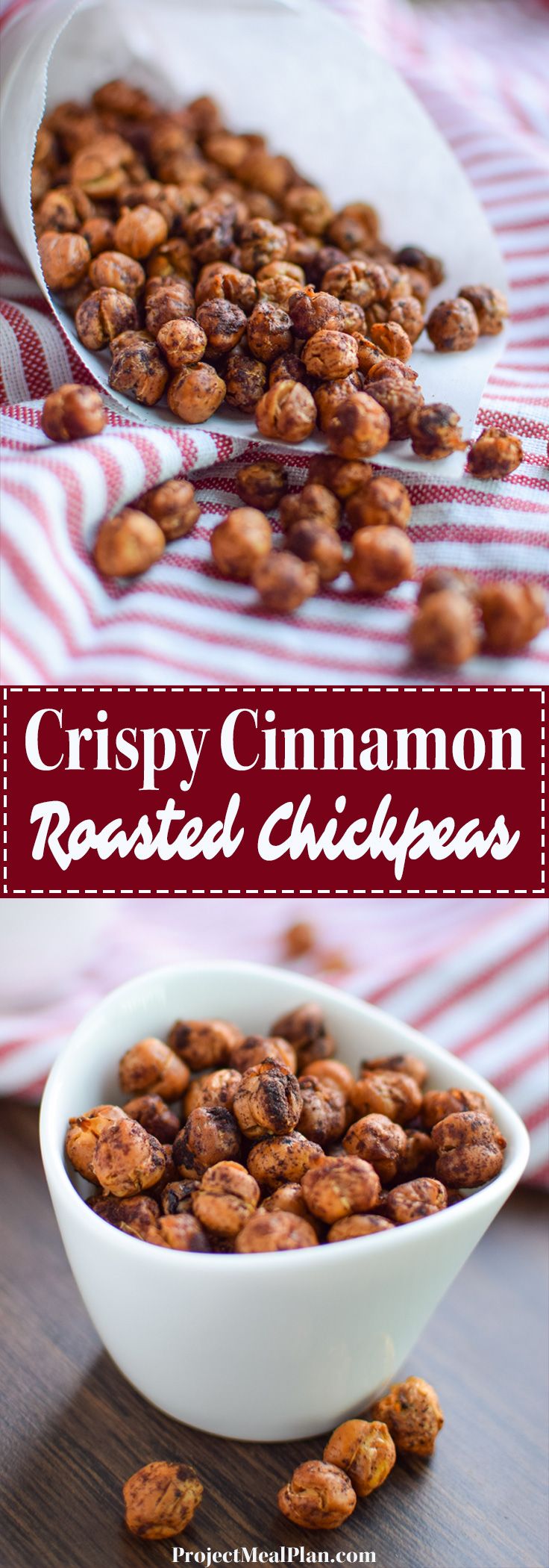 crispy cinnamon roasted chickpeas in a white bowl on a red and white checkered tablecloth