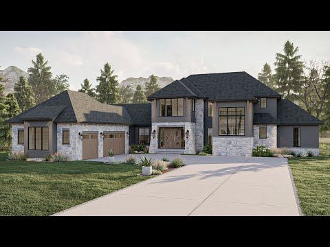 this is an artist's rendering of a house in the country style with stone and wood accents