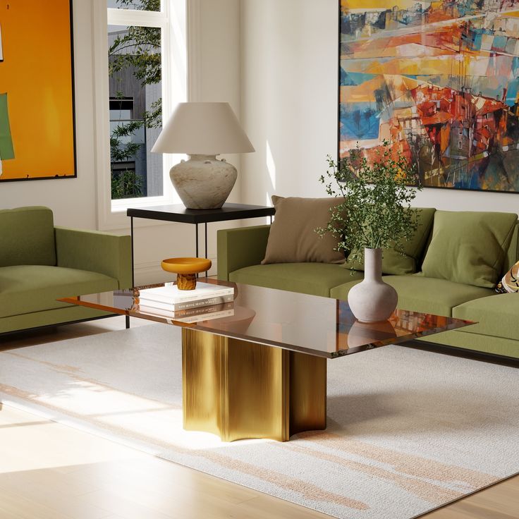 a living room filled with furniture and a large painting on the wall behind it's glass table