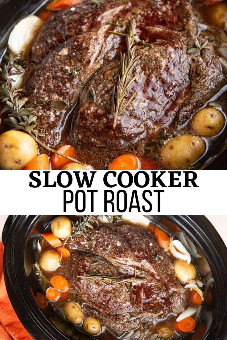 slow cooker pot roast with potatoes and carrots in the crockpot is ready to be eaten