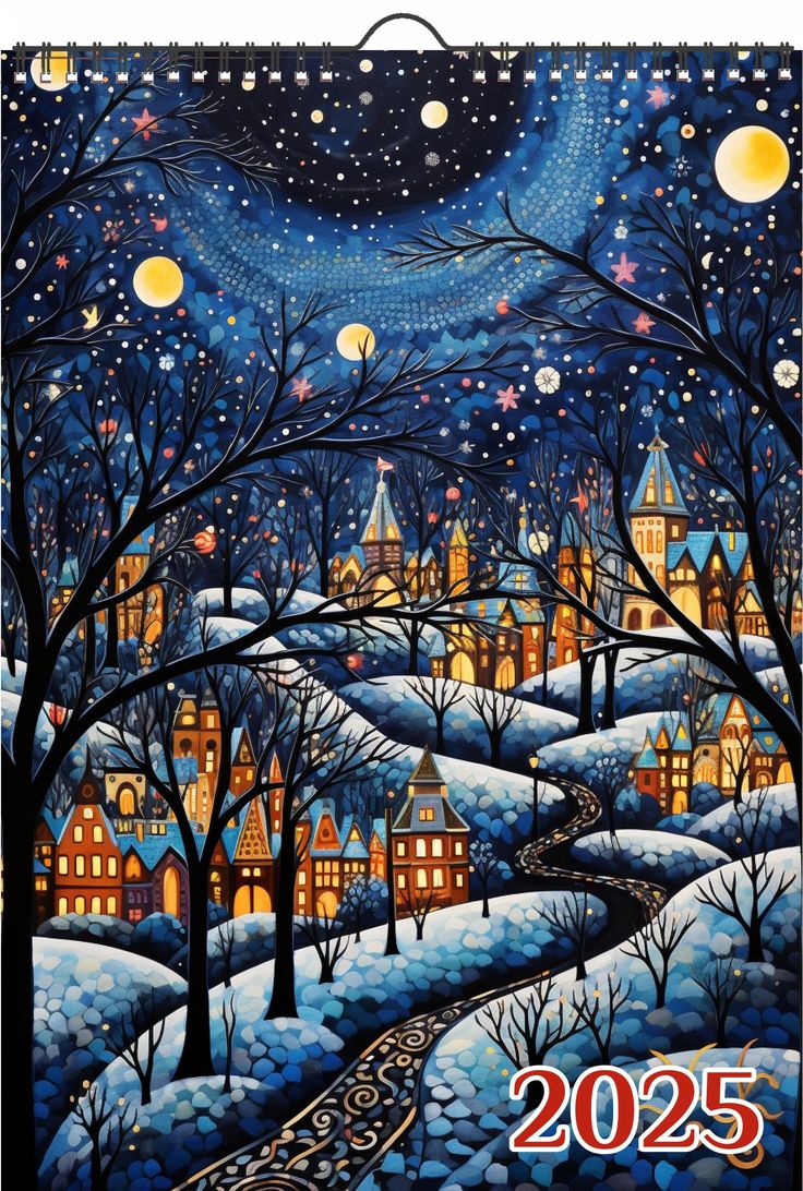 a painting of a snowy night with houses and trees