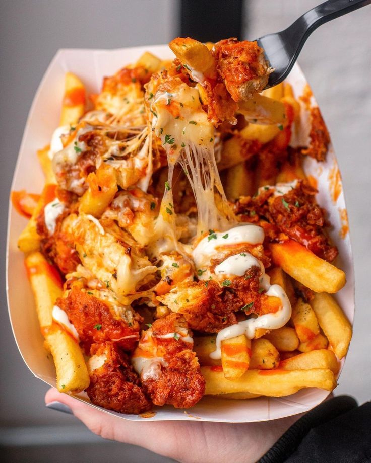 a person holding up a plate of french fries with meat and cheese on top,