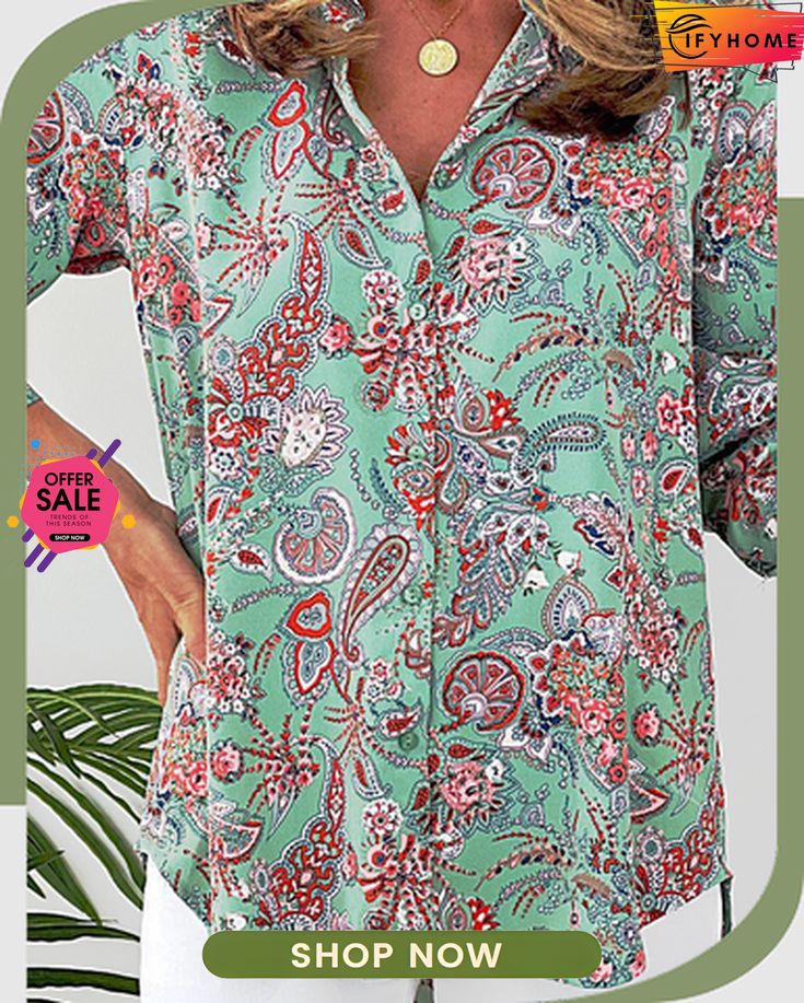 Ethnic Casual Blouse Bohemian Blouse With Vibrant Print, Bohemian Blouse With Vibrant Patterned Print, Casual Green Blouse With Boho Print, Casual Paisley Print Blouse For Vacation, Casual Multicolor Blouse With Boho Collar, Paisley Print Beach Blouse, Green Boho Print Summer Blouse, Beach Paisley Print Blouse, Green Bohemian Short Sleeve Blouse