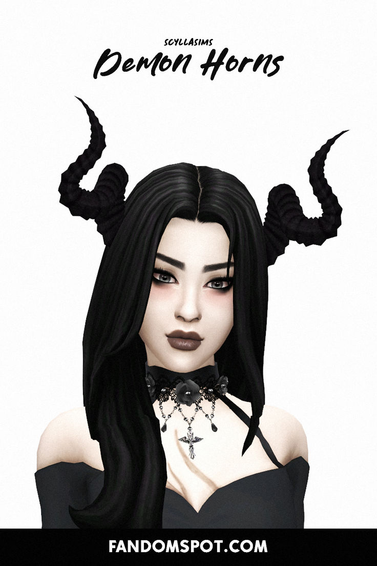 a woman with long black hair and horns on her head is shown in front of a white background