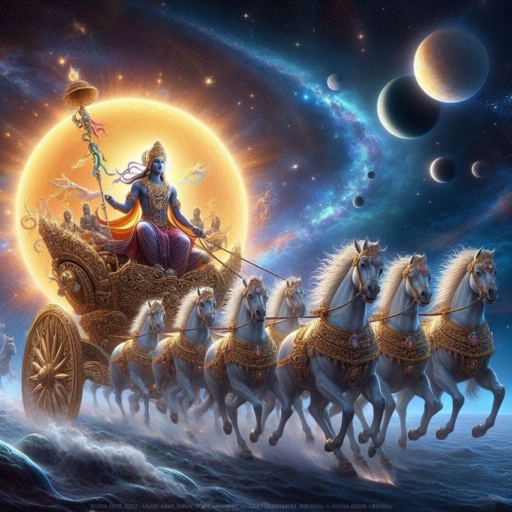 an image of a person riding on a horse drawn sleigh in the sky