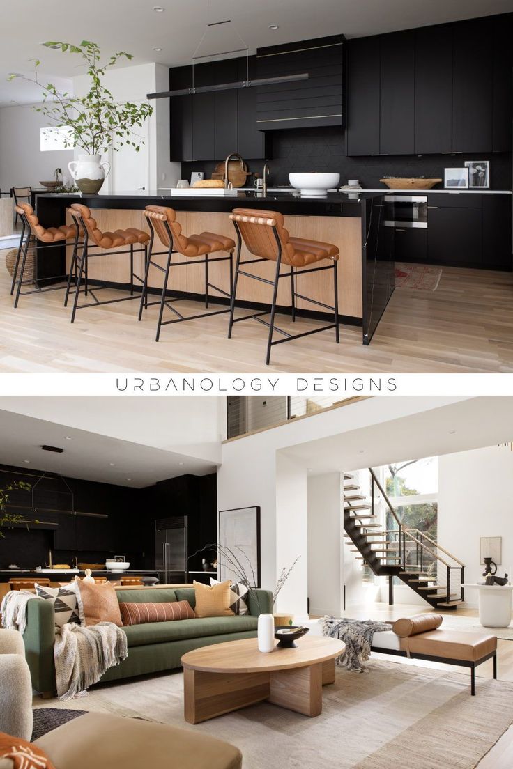 two pictures of the same living room and kitchen in different rooms, one with an open floor plan