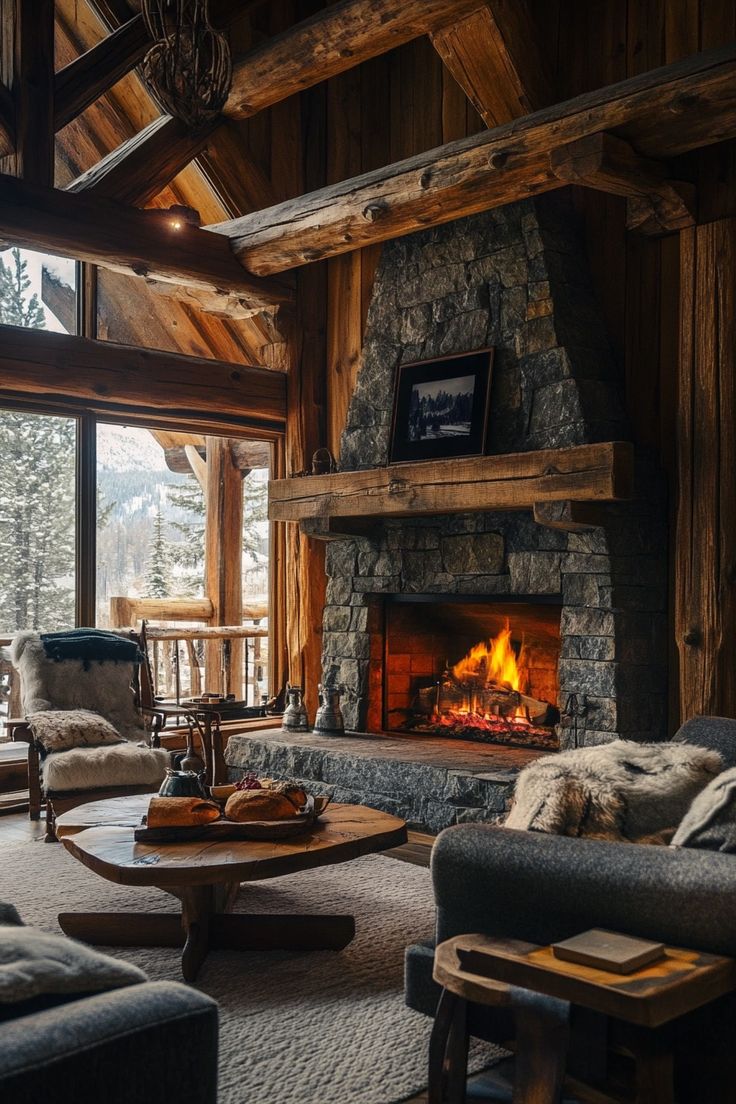 a living room filled with furniture and a fire place in the middle of a room