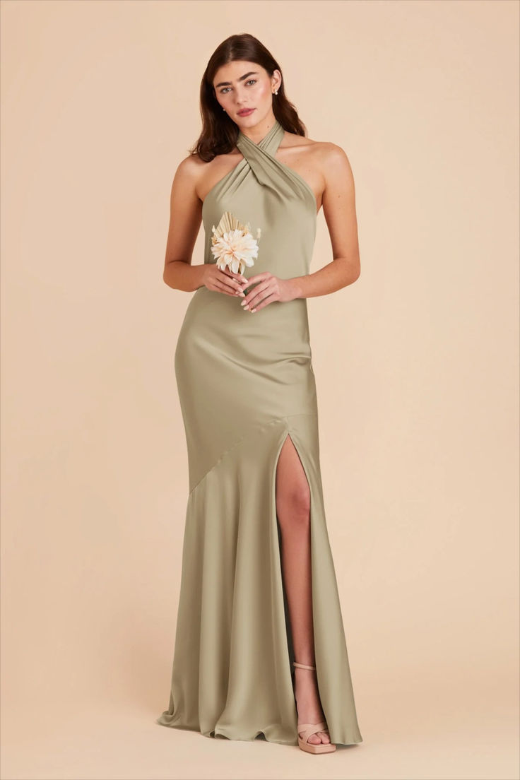 Discover the Stephanie Matte Satin Dress in Moss Green from Birdy Grey, the perfect blend of elegance and comfort for your bridesmaid look. This stunning dress features a timeless design with a flattering silhouette, ideal for any wedding theme. Mismatched Green Bridesmaid Dresses, Green Satin Bridesmaid Dresses, Olive Bridesmaid Dresses, Olive Green Bridesmaid Dresses, Charlotte York, Sage Bridesmaid Dresses, Green Satin Dress, Grey Bridesmaids, Halter Bridesmaid Dress