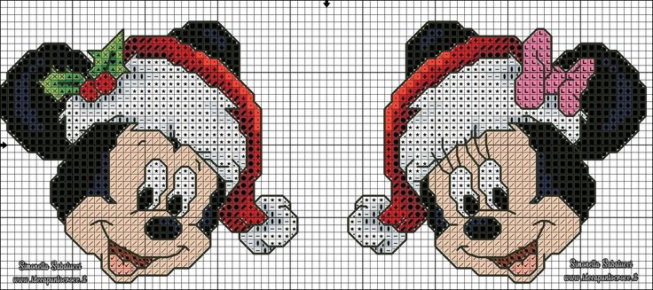 mickey and minnie mouse cross stitch pattern with santa hats on their heads, both showing the same