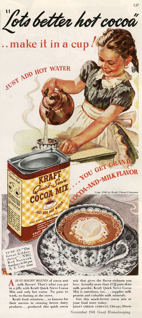 an old advertisement for hot cocoa with a woman pouring liquid into a cup and a plate