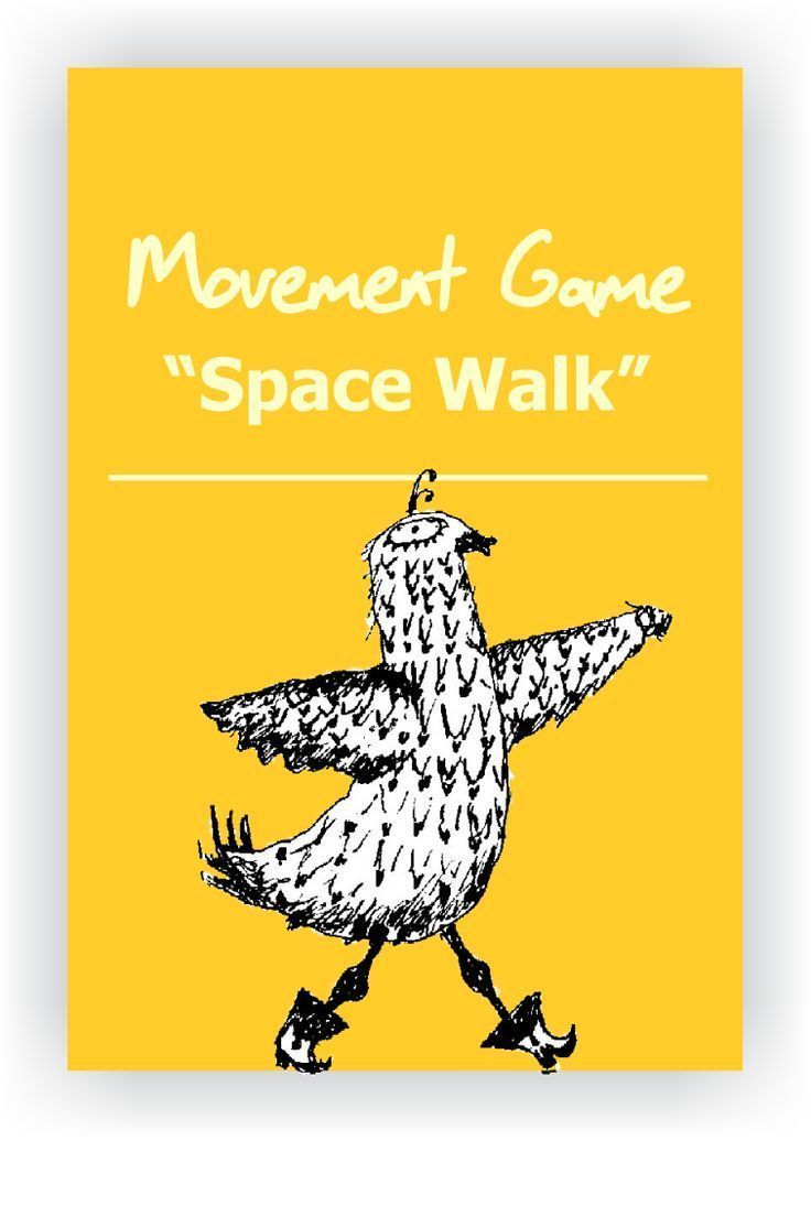 a yellow poster with an image of a bird on it's back and the words movement game space walk