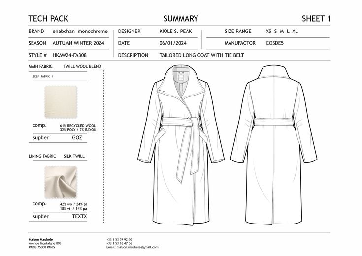 the technical drawing for a trench coat