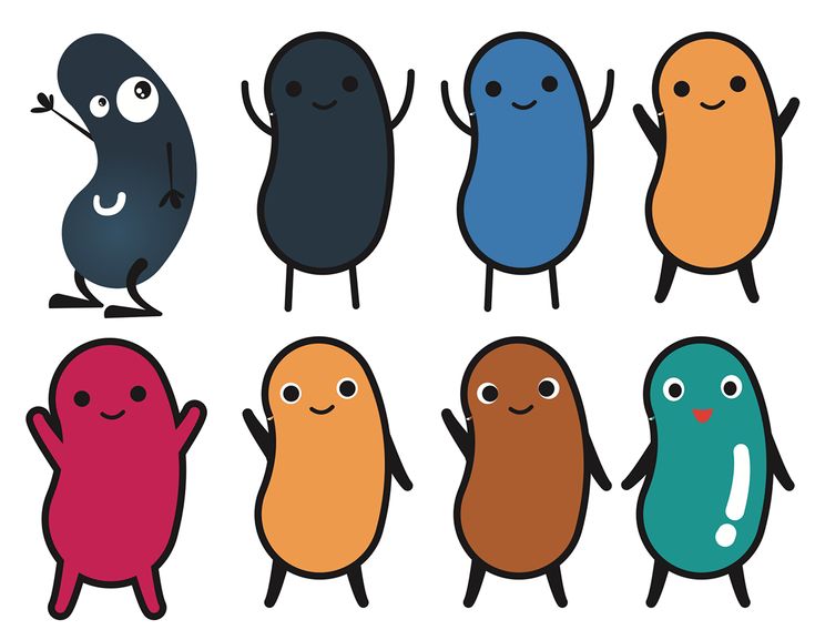 six different colored cartoon characters with eyes and hands in the shape of an eggplant