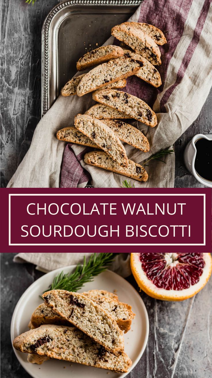 chocolate walnut sourdough biscotti on a plate with grapefruits