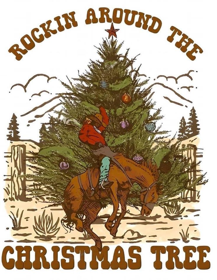 a man riding on the back of a brown horse next to a christmas tree that says rockin'around the christmas tree