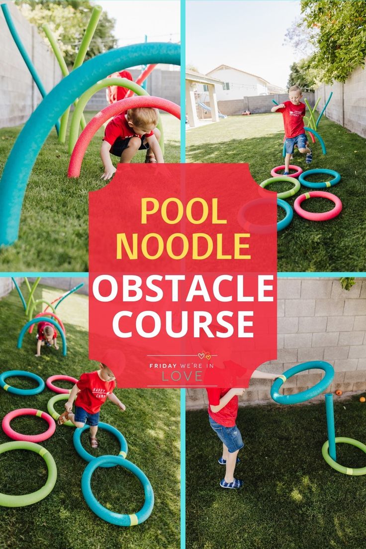 children playing with pool noodle obstacle course in the back yard and on the lawn