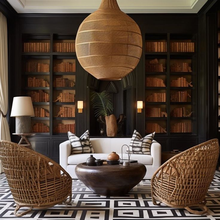 a living room with wicker furniture and bookshelves in the back ground area