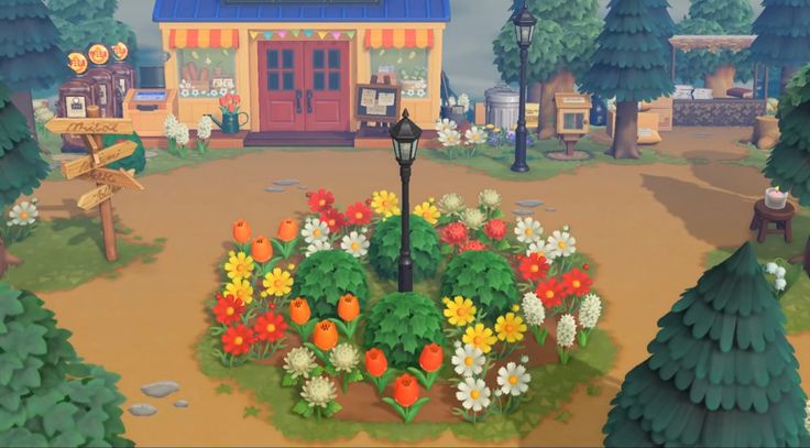 an animated image of a flower garden in front of a building with a blue roof