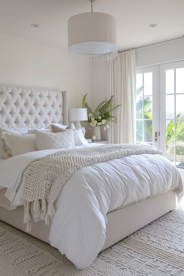 a large white bed sitting in a bedroom next to a window with curtains and pillows