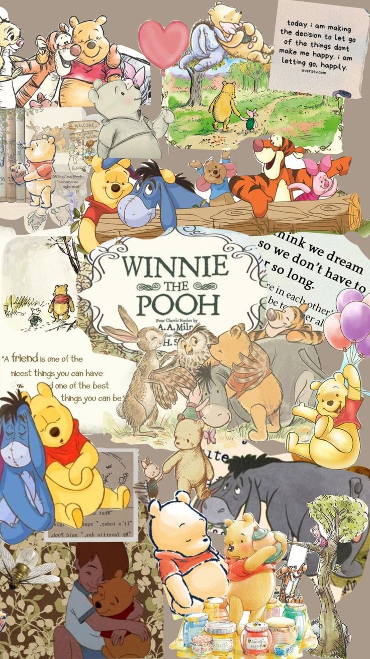 winnie the pooh collage is shown with many different pictures and words on it