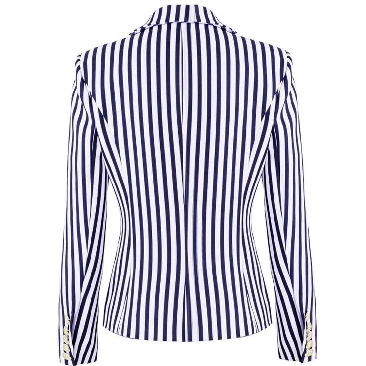 Our double-breasted Eve Striped Blazer is made of cotton and features structured shoulders. gold buttons. and flap pockets. Pair this blazer with white jeans and wedges for a boat party look or with blue jeans. a white bodysuit. and strappy heels for a date night. Luxury Striped Blazer With Double Button Closure, Elegant Striped Single-breasted Blazer, New Eve, Jeans And Wedges, Maxi Dress Pattern, Boat Party, Party Look, White Bodysuit, Striped Blazer