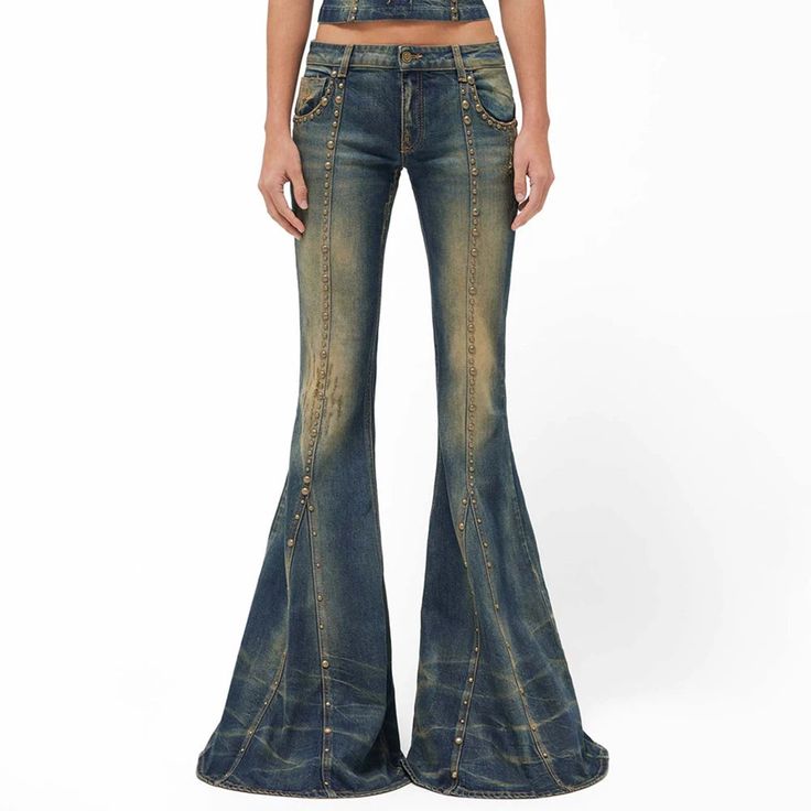 Distressed Washed Blue Bottoms For Fall, Flare Distressed Denim Blue Jeans, High Waist Distressed Cotton Flare Jeans, Distressed Stretch Wide Leg Pants, Stretch Wide Leg Distressed Pants, Wide Leg Stretch Distressed Pants, Distressed Denim Blue Full-length Flare Jeans, Distressed Denim Blue Full Length Flare Jeans, Fitted Distressed Washed Blue Bottoms