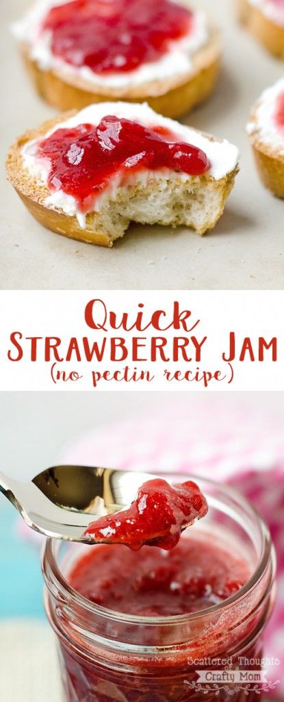 strawberry jam in a jar with a spoon on the side and an image of bread