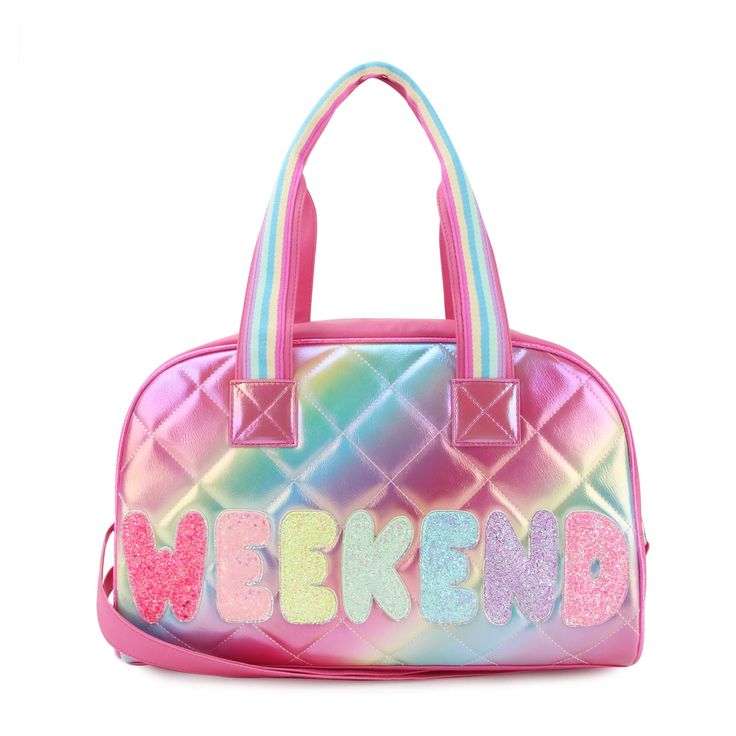 Front view of metallic quilted ombre medium 'Weekend' duffle with glitter bubble-letter patches Sleepover Essentials, Ombre Print, Glam Bag, Kids Gear, Rainbow Glitter, Girls Weekend, Large Backpack, Man Birthday, Curated Gifts