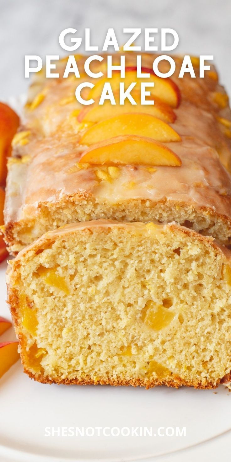 Peach loaf cake white plate. Peach Loaf Cake, Fresh Peach Dump Cake, Easy Peach Bread, Peach Loaf, Easy Peach Cake, Peach Bread Recipe, Can Peaches Recipes, Peach Quick Bread, Peach Glaze